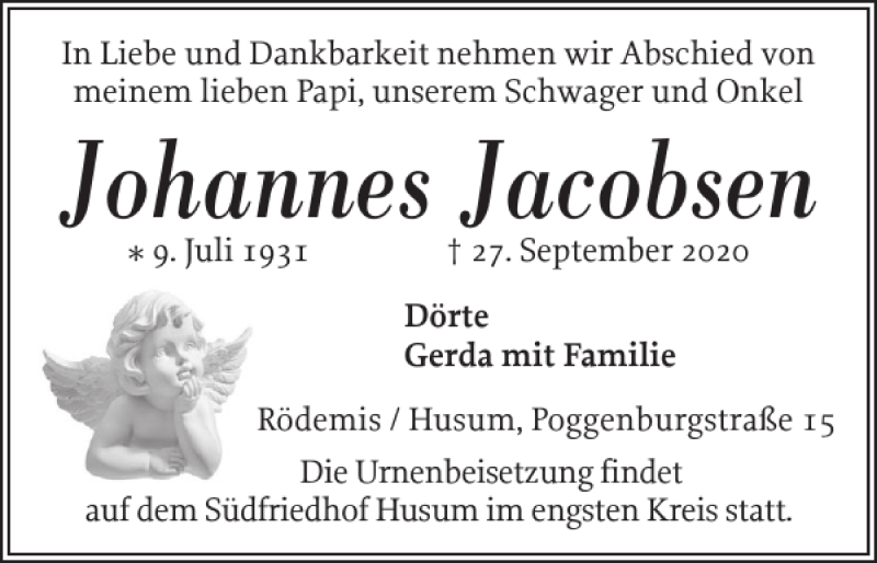  Traueranzeige für Johannes Jacobsen vom 30.09.2020 aus Husumer Nachrichten