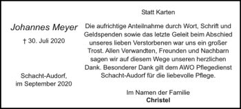 Traueranzeige von Johannes Meyer von Landeszeitung