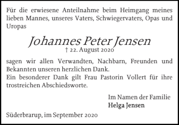 Traueranzeige von Johannes Peter Jensen von Schleswiger Nachrichten
