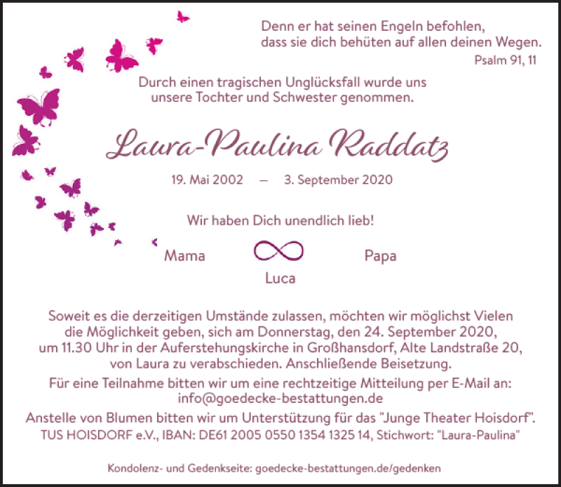  Traueranzeige für Laura-Paulina Raddatz vom 19.09.2020 aus Stormarner Tageblatt