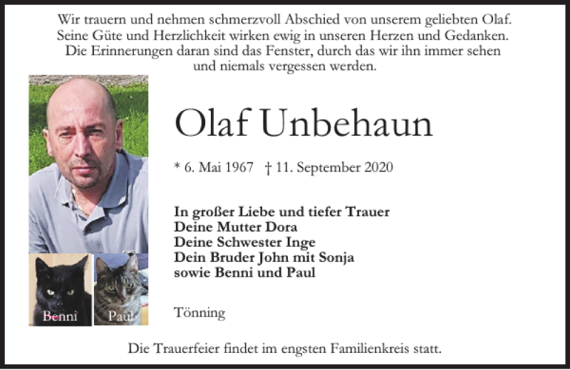  Traueranzeige für Olaf Unbehaun vom 19.09.2020 aus Husumer Nachrichten