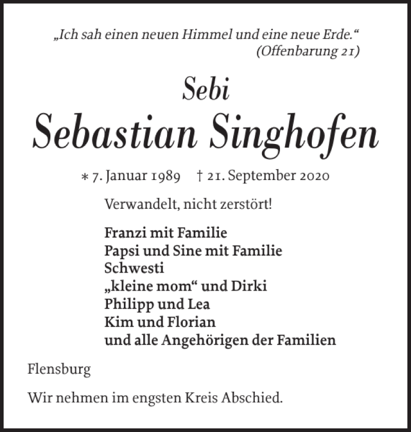  Traueranzeige für Sebastian Singhofen vom 26.09.2020 aus Flensburger Tageblatt