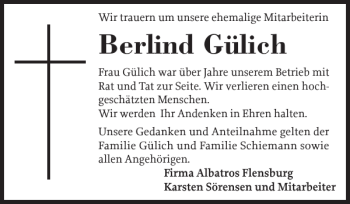 Traueranzeige von Berlind Gülich von Flensburger Tageblatt