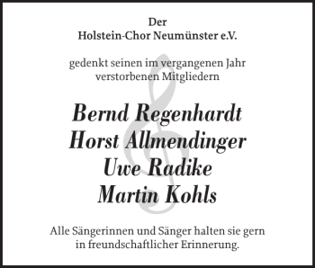 Traueranzeige von Der Holstein-Chor Neumünster e.V. gedenkt. von Holsteinischer Courier