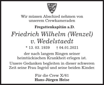 Traueranzeige von Friedrich Wilhelm Wenzel v. Wedelstaedt von Flensburger Tageblatt