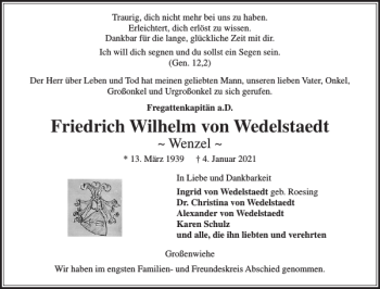 Traueranzeige von Friedrich Wilhelm von Wedelstaedt von Flensburger Tageblatt