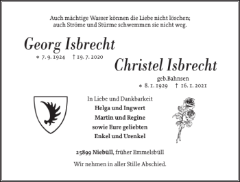 Traueranzeige von Georg Isbrecht Christel Isbrecht von Nordfriesland Tageblatt