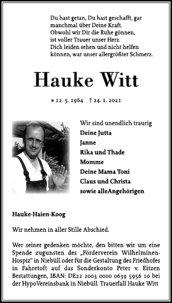  Traueranzeige für Hauke Witt vom 29.01.2021 aus Husumer Nachrichten