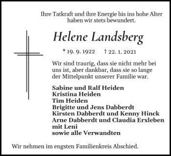 Traueranzeige von Helene Landsberg von Schleswiger Nachrichten