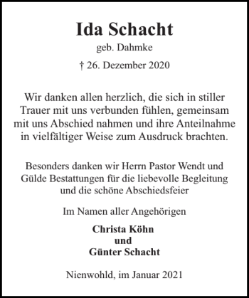 Traueranzeige von Ida Schacht von Stormarner Tageblatt