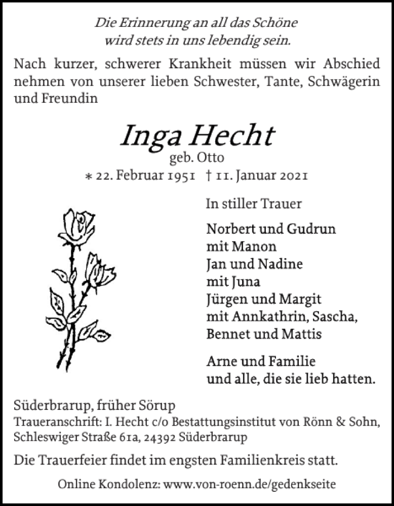  Traueranzeige für Inga Hecht vom 16.01.2021 aus Flensburger Tageblatt