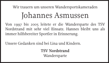 Traueranzeige von Johannes Asmussen von Husumer Nachrichten