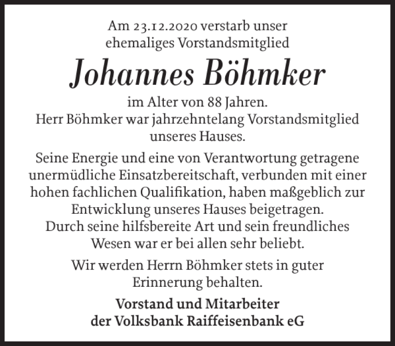  Traueranzeige für Johannes Böhmker vom 02.01.2021 aus Norddeutsche Rundschau
