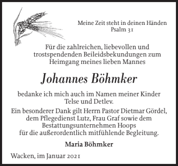 Traueranzeige von Johannes Böhmker von Flensburger Tageblatt