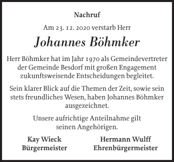 Traueranzeige von Johannes Böhmker von Norddeutsche Rundschau