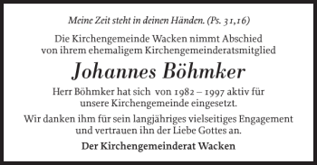 Traueranzeige von Johannes Böhmker von Norddeutsche Rundschau