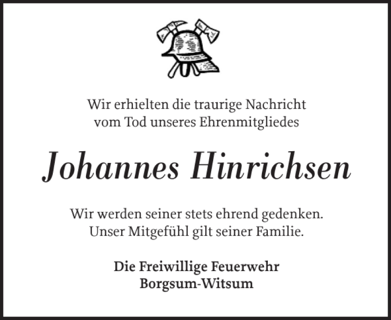  Traueranzeige für Johannes Hinrichsen vom 23.01.2021 aus Der Insel-Bote