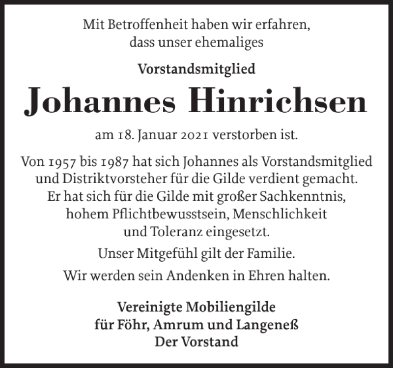  Traueranzeige für Johannes Hinrichsen vom 28.01.2021 aus Der Insel-Bote