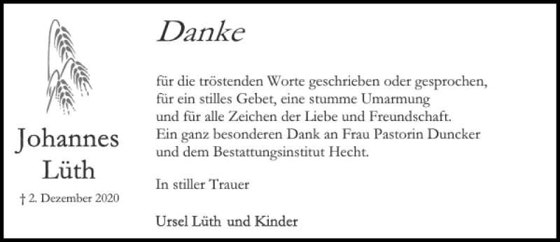  Traueranzeige für Johannes Lüth vom 06.01.2021 aus Stormarner Tageblatt