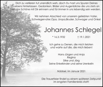 Traueranzeige von Johannes Schlegel von Landeszeitung