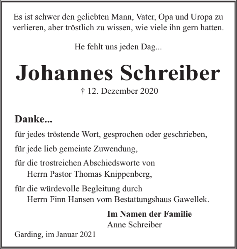 Traueranzeige für Johannes Schreiber vom 23.01.2021 aus Husumer Nachrichten
