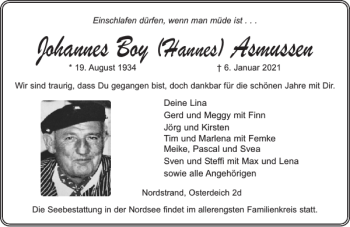 Traueranzeige von Johannes Boy Asmussen von Husumer Nachrichten