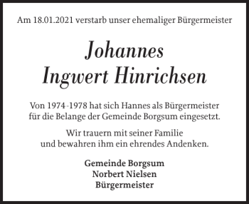 Traueranzeige von Johannes Ingwert Hinrichsen von Der Insel-Bote