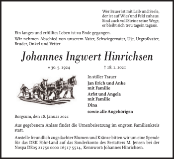 Traueranzeige von Johannes Ingwert Hinrichsen von Der Insel-Bote