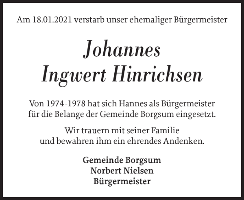  Traueranzeige für Johannes Ingwert Hinrichsen vom 30.01.2021 aus Der Insel-Bote
