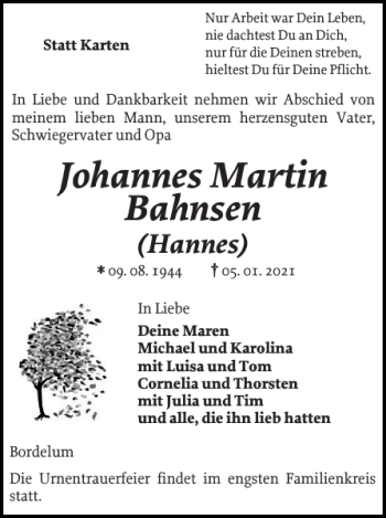 Traueranzeige von Johannes Martin Bahnsen von Husumer Nachrichten