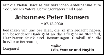 Traueranzeige von Johannes Peter Hansen von Nordfriesland Tageblatt