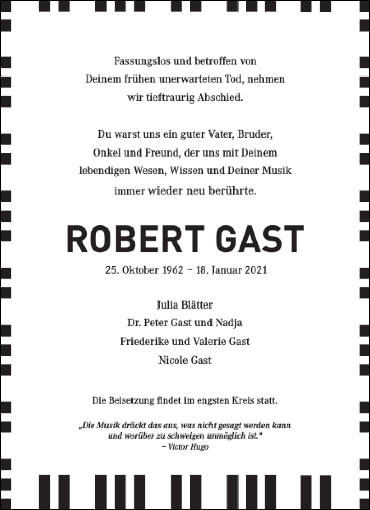  Traueranzeige für ROBERT GAST vom 23.01.2021 aus Stormarner Tageblatt