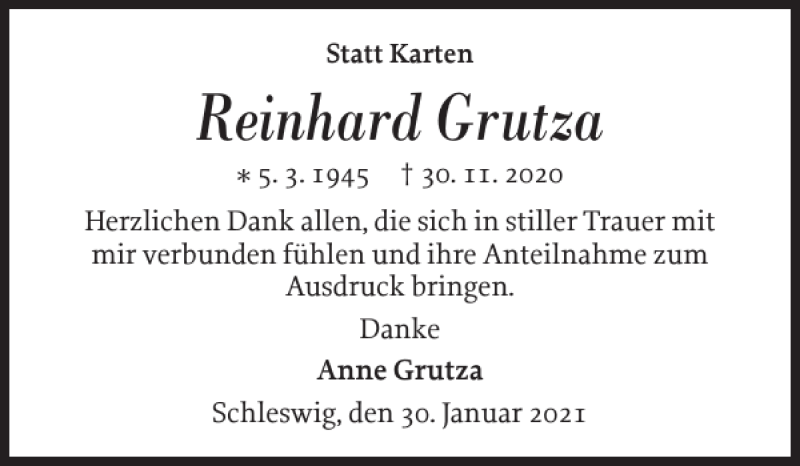  Traueranzeige für Reinhard Grutza vom 30.01.2021 aus Schleswiger Nachrichten