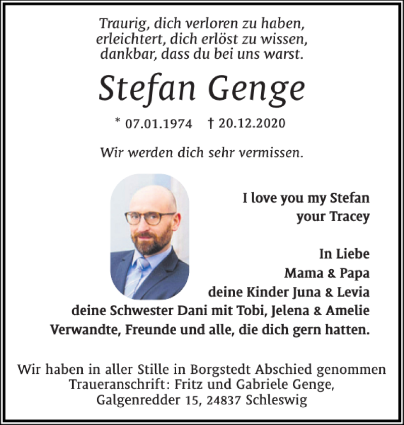  Traueranzeige für Stefan Genge vom 12.01.2021 aus Schleswiger Nachrichten