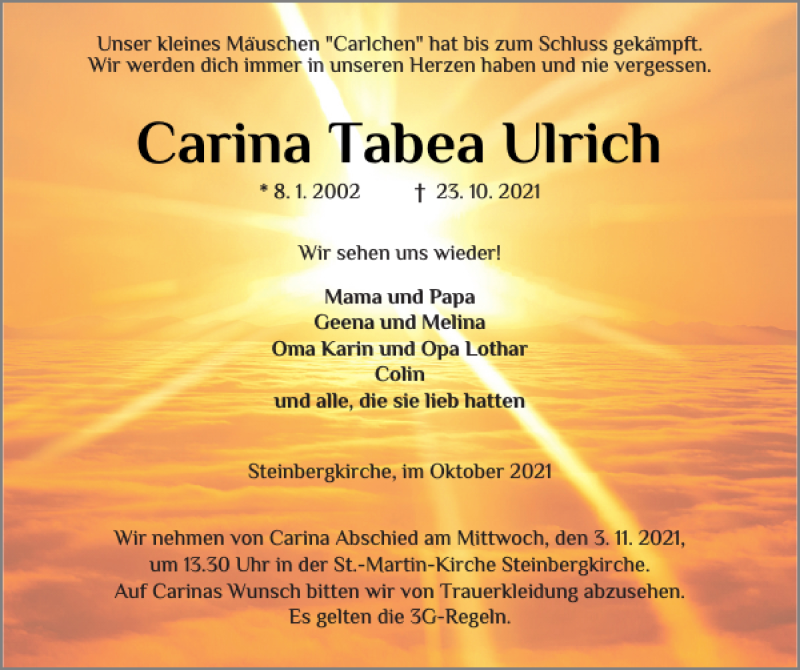  Traueranzeige für Carina Tabea Ulrich vom 30.10.2021 aus Flensburger Tageblatt
