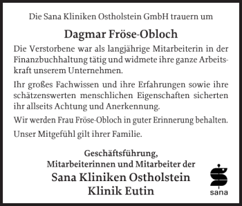 Traueranzeige von Dagmar Fröse-Obloch Sana Kliniken Ostholstein Klinik Eutin  von Ostholsteiner Anzeiger