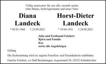 Traueranzeige von Diana Landeck Horst-Dieter Landeck von Flensburger Tageblatt