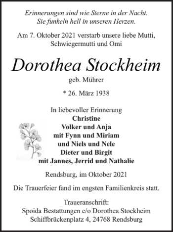 Traueranzeige von Dorothea Stockheim von Landeszeitung