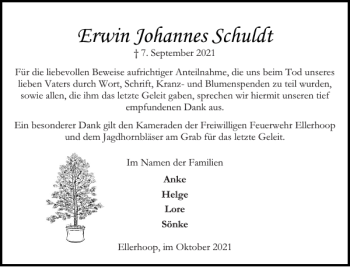 Traueranzeige von Erwin Johannes Schuldt von Elmshorner Nachrichten
