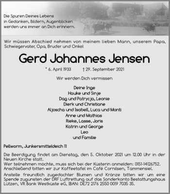 Traueranzeige von Gerd Johannes Jensen von Husumer Nachrichten