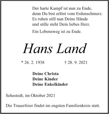 Traueranzeige von Hans Land von Landeszeitung