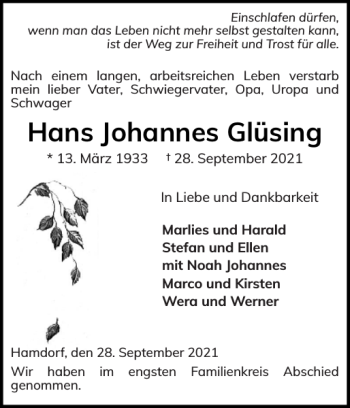 Traueranzeige von Hans Johannes Glüsing von Landeszeitung