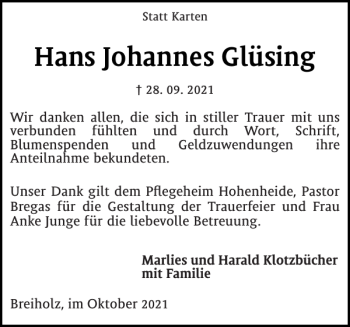 Traueranzeige von Hans Johannes Glüsing von Landeszeitung