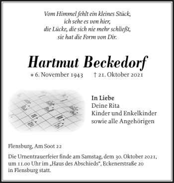 Traueranzeige von Hartmut Beckedorf von Flensburger Tageblatt