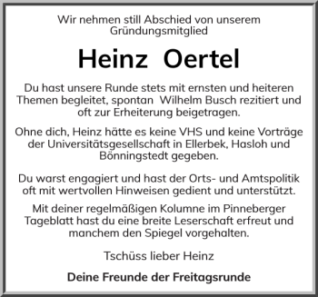 Traueranzeige von Heinz Oertel von Pinneberger Tageblatt
