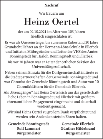 Traueranzeige von Heinz Oertel von Pinneberger Tageblatt