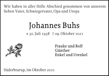 Traueranzeige von Johannes Buhs von Schleswiger Nachrichten