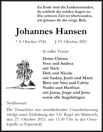 Traueranzeige von Johannes Hansen von Schleswiger Nachrichten