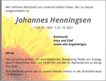 Traueranzeige von Johannes Henningsen von Flensburger Tageblatt