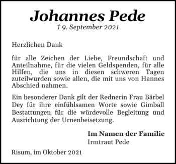 Traueranzeige von Johannes Pede von Nordfriesland Tageblatt